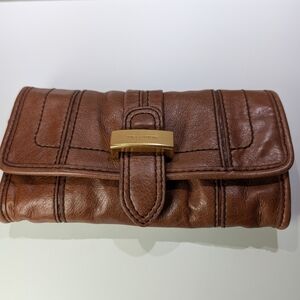 Leather Clutch Wallet in Brown with Gold Hardware